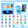 A marketing image showcasing a blue toy smartphone with various app icons and wallpaper examples. Náhled obrázku produktu