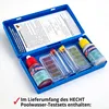 An open blue plastic case containing a pool water testing kit. Produktbild-Vorschau