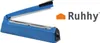 A blue heat sealer machine is shown on a white background next to the Ruhhy logo. Produktbild-Vorschau