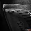 Close-up of a black car floor mat with textured surface and embossed text. Voir les images du produit