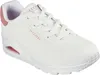 A white Skechers sneaker with pink accents is shown against a white background. Produktbild-Vorschau