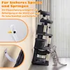A cat tree is shown next to a wall with text overlays explaining its stability features. A cat is interacting with the cat tree. Produktbild-Vorschau