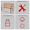 A collage of images showing a garden bench with dimensions, assembly tools, weight capacity, and weather resistance icons. Produktbild-Vorschau