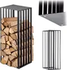 A collage of images showing a black metal firewood rack filled with logs, a close-up of the rack's structure, and an empty rack. Náhled obrázku produktu