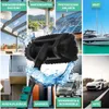A collage of images showing various applications of a telescopic washing brush, including cleaning terraces, conservatories, solar panels, boats, blinds, garages, RVs, and cars. Produktbild-Vorschau