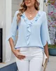ASKSA Damen T-Shirt 3/4 aermel Rueschen Bluse V-Ausschnitt Produktbild-Vorschau 2