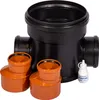 A set of black and orange sewage pipes and fittings, along with a small bottle of lubricant, are displayed against a white background. Produktbild-Vorschau