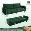 A diagram showing the dimensions of a green sofa bed in both sofa and bed configurations, with additional information about weight capacity and delivery. Produktbild-Vorschau