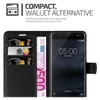 A black wallet-style phone case with a Nokia phone inside, showing card slots and a banknote. Náhled obrázku produktu