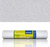 A roll of white textured wallpaper is shown with a product label. Produktbild-Vorschau