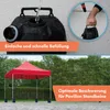 A split image showing a water-filled weight bag being filled with water and a red canopy tent with weights on its legs. Produktbild-Vorschau