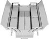 An open, empty, silver-colored toolbox with multiple compartments and trays, shown from a top-down perspective. Podgląd zdjęcia produktu