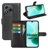A collage of images showing a black leather wallet-style phone case for a Honor 400 Lite phone, with cards and cash inserted, and a phone displayed in the case. Produktbild-Vorschau
