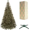 A Christmas tree, its box, and its stand are displayed against a white background. Voir les images du produit