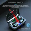 An open charging case for wireless earbuds is shown, with the earbuds inside. Text overlays describe features and magnetic properties. Produktbild-Vorschau