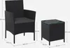 A black rattan chair and side table set with dimensions indicated by measurement lines and text. Produktbild-Vorschau