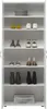 A white shoe cabinet with multiple shelves filled with various shoes and a storage box. Voir les images du produit