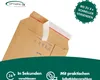 A close-up of a brown cardboard shipping envelope with a self-adhesive strip. The image includes marketing text and a logo. Produktbild-Vorschau