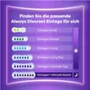 An infographic showing different types of Always Discreet sanitary pads, with varying absorbency levels indicated by the number of water droplets. Produktbild-Vorschau