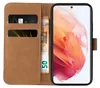 A brown flip-case wallet for a Samsung Galaxy S21 phone, with cards and banknotes inserted. Produktbild-Vorschau