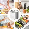 A collage of four images showing different aspects of kitchen activities and a central image of a foldable trash can. Produktbild-Vorschau