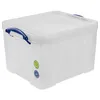 A transparent storage box with blue handles and labels on a white background. Produktbild-Vorschau