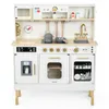 A white wooden play kitchen with various accessories and interactive elements. Produktbild-Vorschau