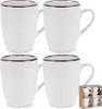 Four white ceramic mugs with a textured pattern and brown rims, arranged in a two-by-two grid. A small box containing four similar mugs is visible in the bottom right corner. Podgląd zdjęcia produktu