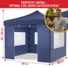 A blue pop-up gazebo with dimensions indicated, and a man smiling in the background at an outdoor event. Produktbild-Vorschau