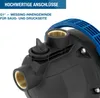 Close-up of a black and blue water pump with brass fittings, with German text overlay. Produktbild-Vorschau