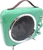 A vintage-style electric heater with a green body and a brown leather handle. Náhled obrázku produktu
