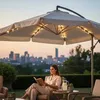 A woman is reading a book under a large umbrella with lights, with a city skyline in the background at dusk. Náhľad obrázku produktu