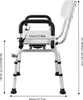 A side view of a white and silver shower chair with dimensions indicated. Produktbild-Vorschau