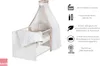 A baby crib with a canopy and bedding, accompanied by icons and text detailing product features and certifications. Produktbild-Vorschau
