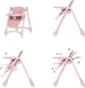 A collage of images showing a pink baby high chair from different angles and demonstrating its adjustable features. Produktbild-Vorschau