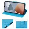 A blue flip case for a smartphone is displayed open, showing the phone screen and the case folded behind it. Two close-up insets show details of the case's closure and texture. Produktbild-Vorschau