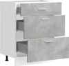 A white kitchen cabinet with three concrete-effect drawers, two of which are partially open. Produktbild-Vorschau