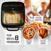 A collage of an air fryer and food items, with people in the background. Voir les images du produit