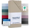 A stack of folded fitted sheets in various colors, with a beige one prominently displayed in the foreground. Produktbild-Vorschau