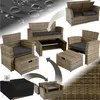 A collage of images showing a rattan furniture set, including a sofa, chairs, a coffee table, and ottomans, with some images demonstrating storage or assembly. Náhled obrázku produktu