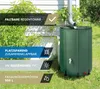 A green rain barrel is shown next to a house, with text overlays describing its features. Produktbild-Vorschau