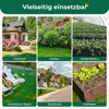 A collage of six images showing different applications of a weed barrier fabric in gardening and landscaping. Produktbild-Vorschau