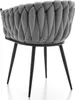 A grey upholstered chair with a braided backrest and black legs, shown from the back against a white background. Produktbild-Vorschau