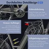 Close-up details of an e-bike, highlighting specific features with text descriptions. Produktbild-Vorschau