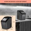 An ice maker is shown on a kitchen counter, with a smaller inset image showing its dimensions. Produktbild-Vorschau