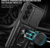 A black phone case with a camera cover and ring holder is shown, with arrows pointing to a magnetic car mount. Produktbild-Vorschau