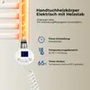 A close-up of an electric towel warmer with a digital display and control panel, alongside descriptive text and icons highlighting its features. Voir les images du produit