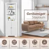 A white corner cabinet is shown in a room with a sofa and a side table. Icons representing different uses for the cabinet are displayed at the bottom. Produktbild-Vorschau