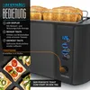 A close-up of a black toaster with toast inside, and a graphic overlay detailing its features and functions. There are also images of toast with toppings in the lower left corner. Produktbild-Vorschau