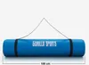 A blue yoga mat rolled up and held by a strap, with a white background. Produktbild-Vorschau